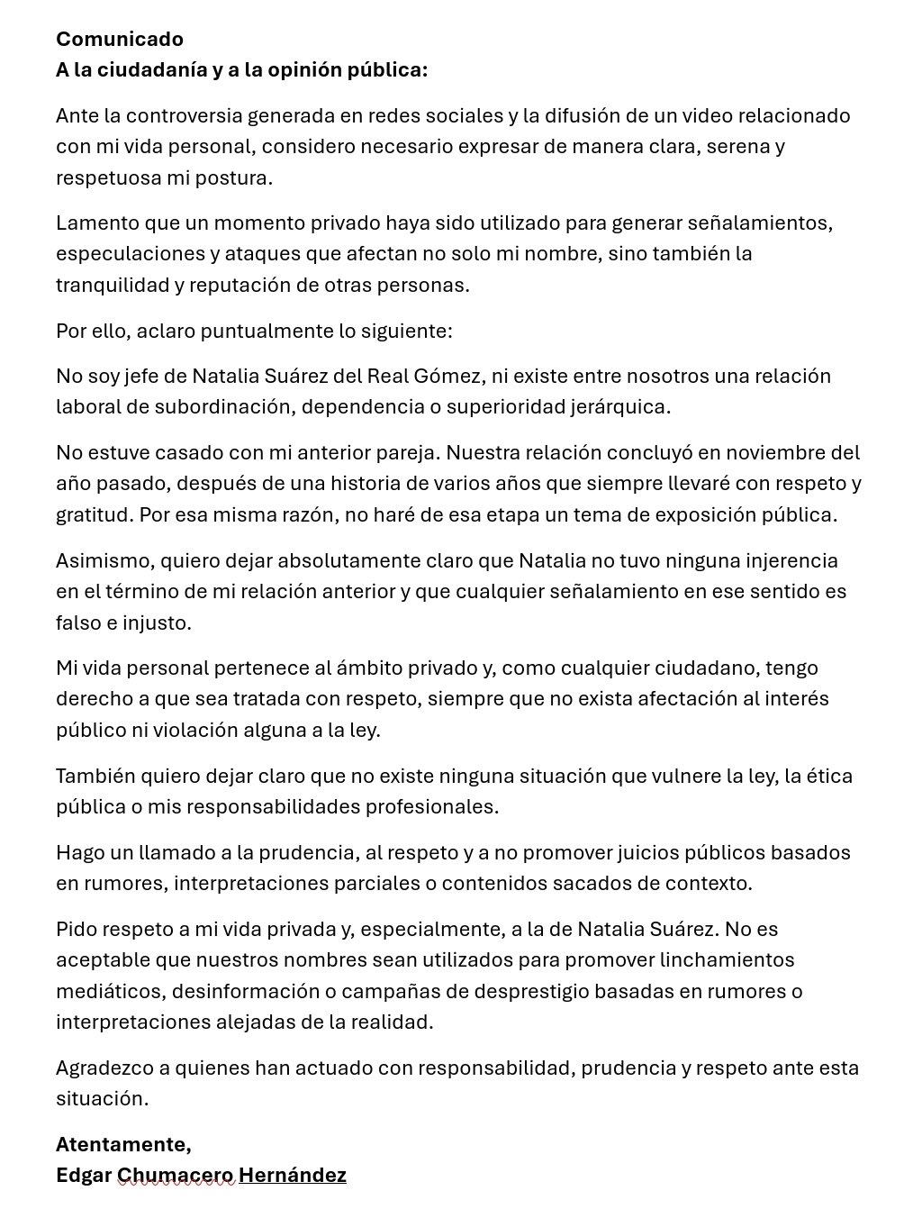 Edgar Chumacero Hernández se deslinda de señalamientos y pide respeto a su vida privada tras difusión de video en redes