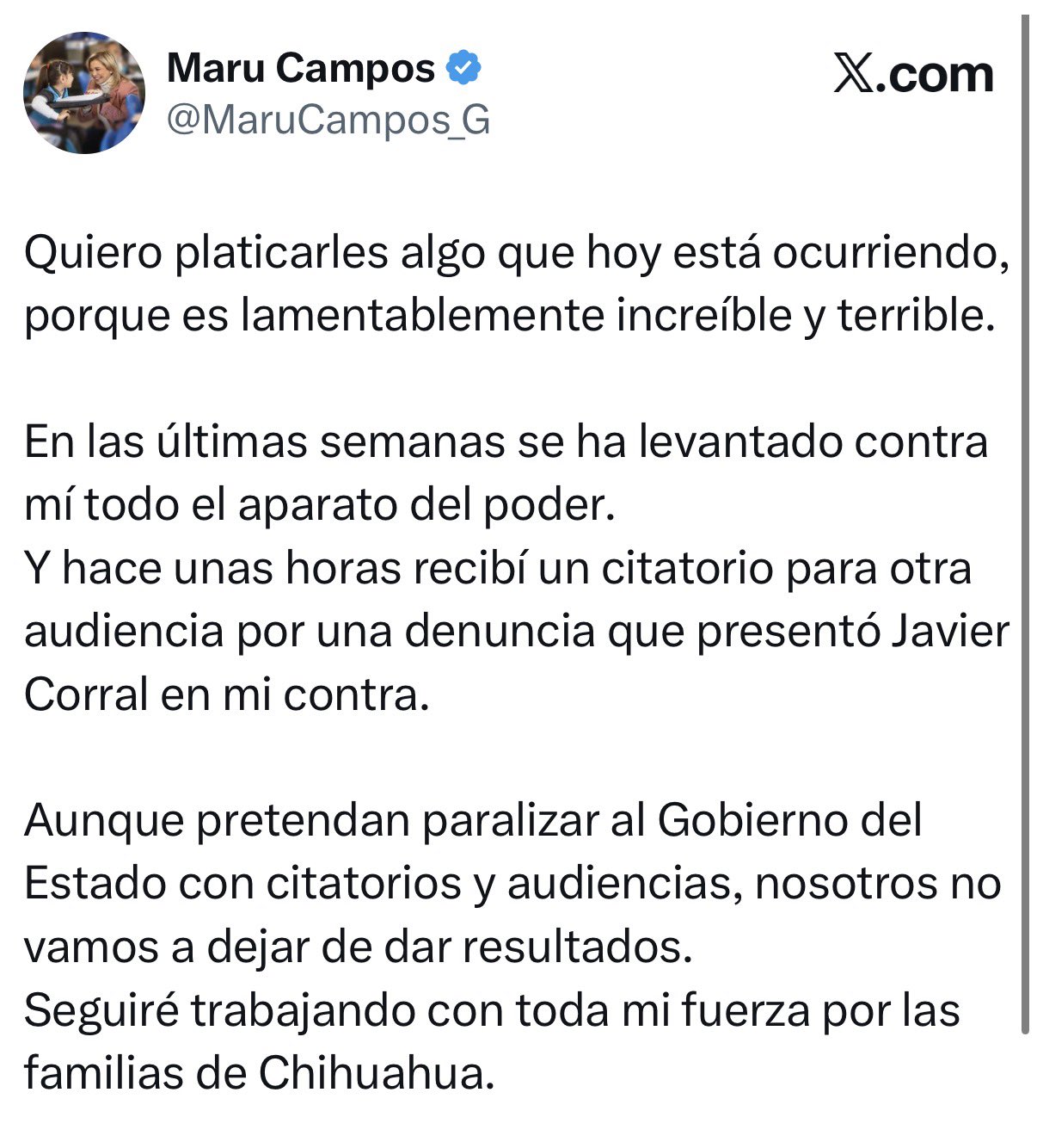 Maru Campos acusa persecución política: “Se ha levantado todo el aparato del poder en mi contra”