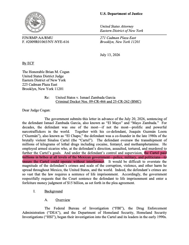 Fiscalía de EE.UU. busca cadena perpetua para “El Mayo” Zambada y lo acusa de corromper a funcionarios mexicanos