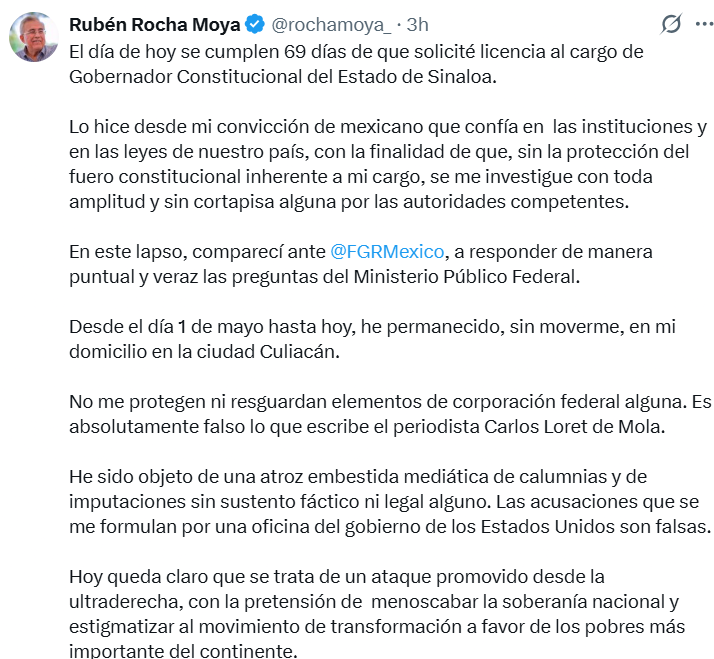Rocha Moya rompe el silencio: denuncia “guerra mediática”, se dice inocente y acusa un ataque contra la 4T